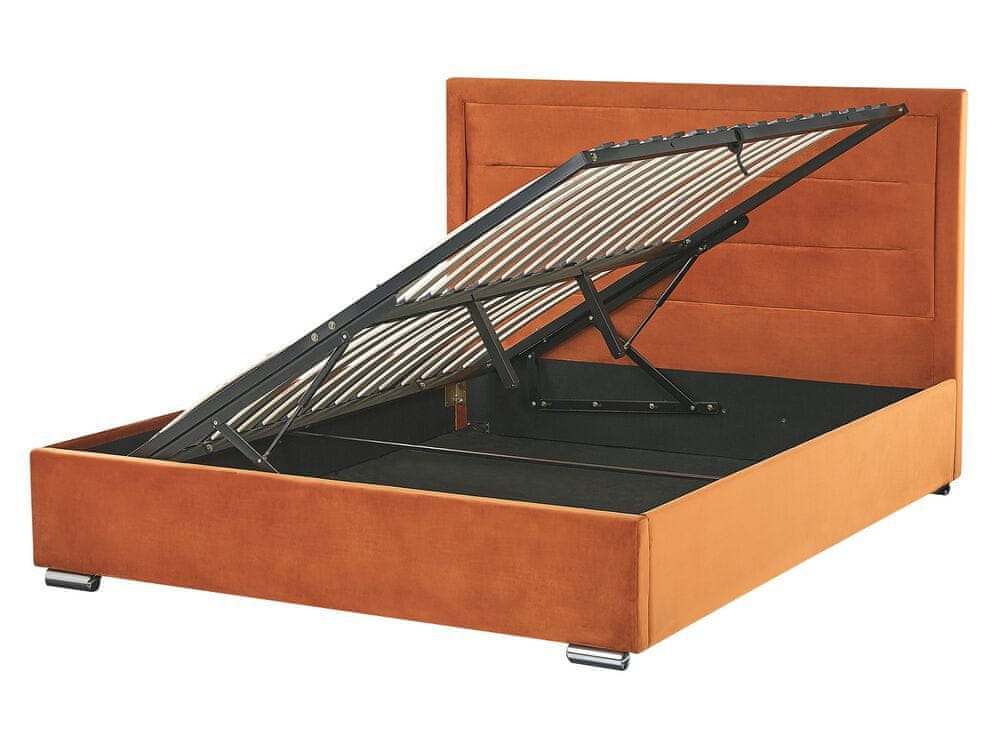 Beliani Zamatová posteľ s taburetom 140 x 200 cm oranžová ROUEN